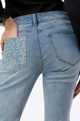 Paisley Patch Work Light Blue Wash Mid Rise Flare Jeans  | EL-S569