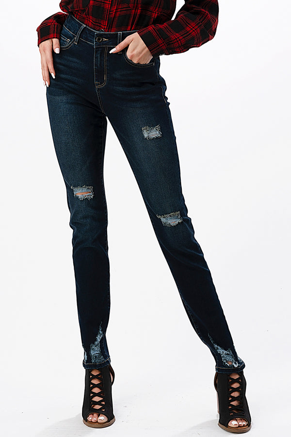 Destressed Basic Recycle & Lycra Fabric High Waisted Skinny Jeans | HNW-9523RC