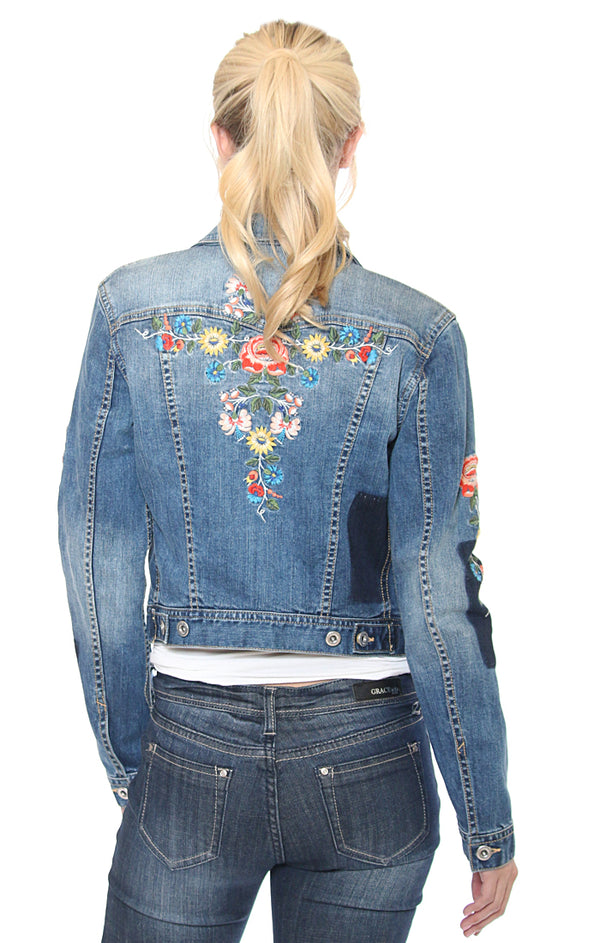 Color Floral Embroidery Denim Jacket | T-51199